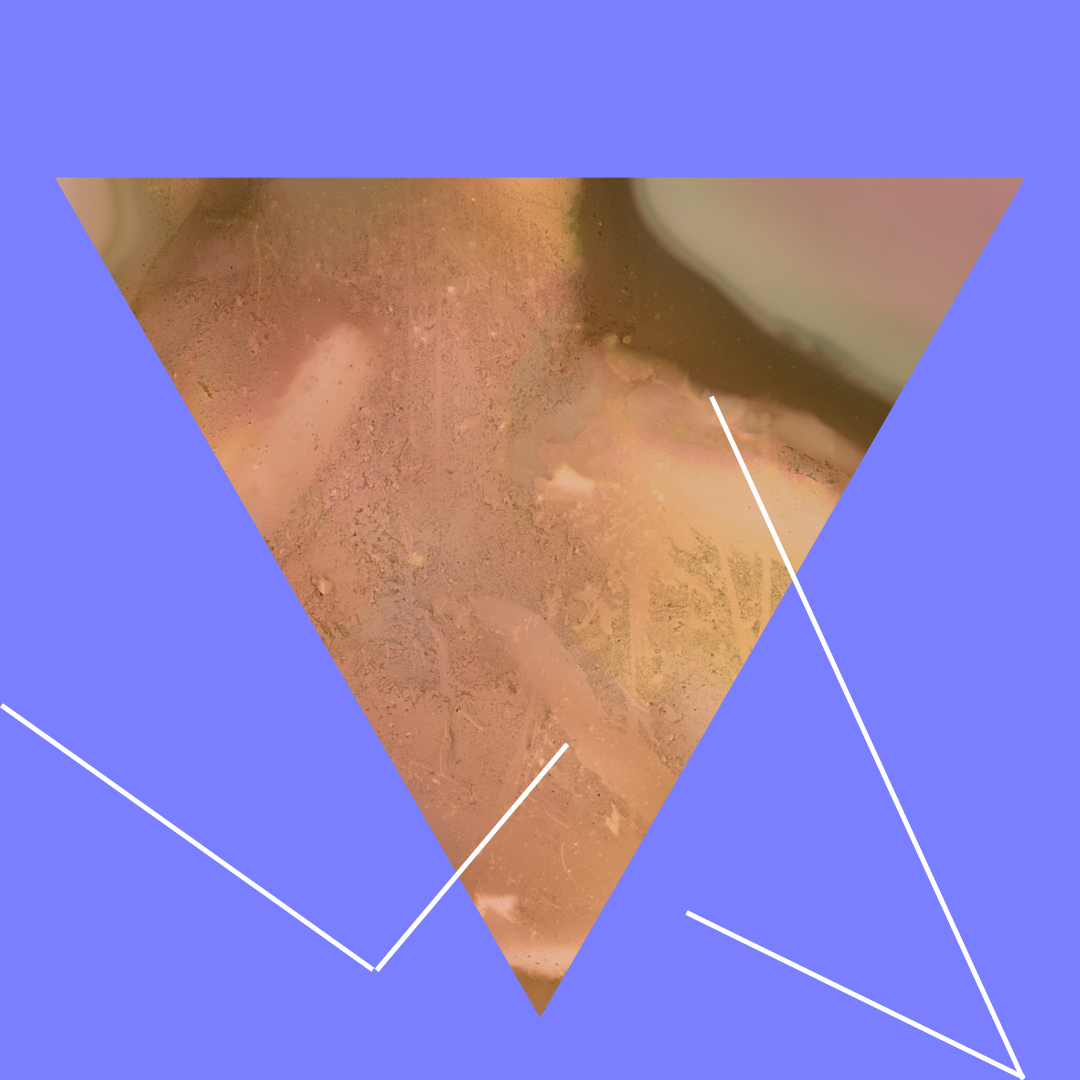 An abstract image with the colors pink, peach, and orange are in the shape of a triangle standing on it's point. A dark brown wave bisecting the image.
