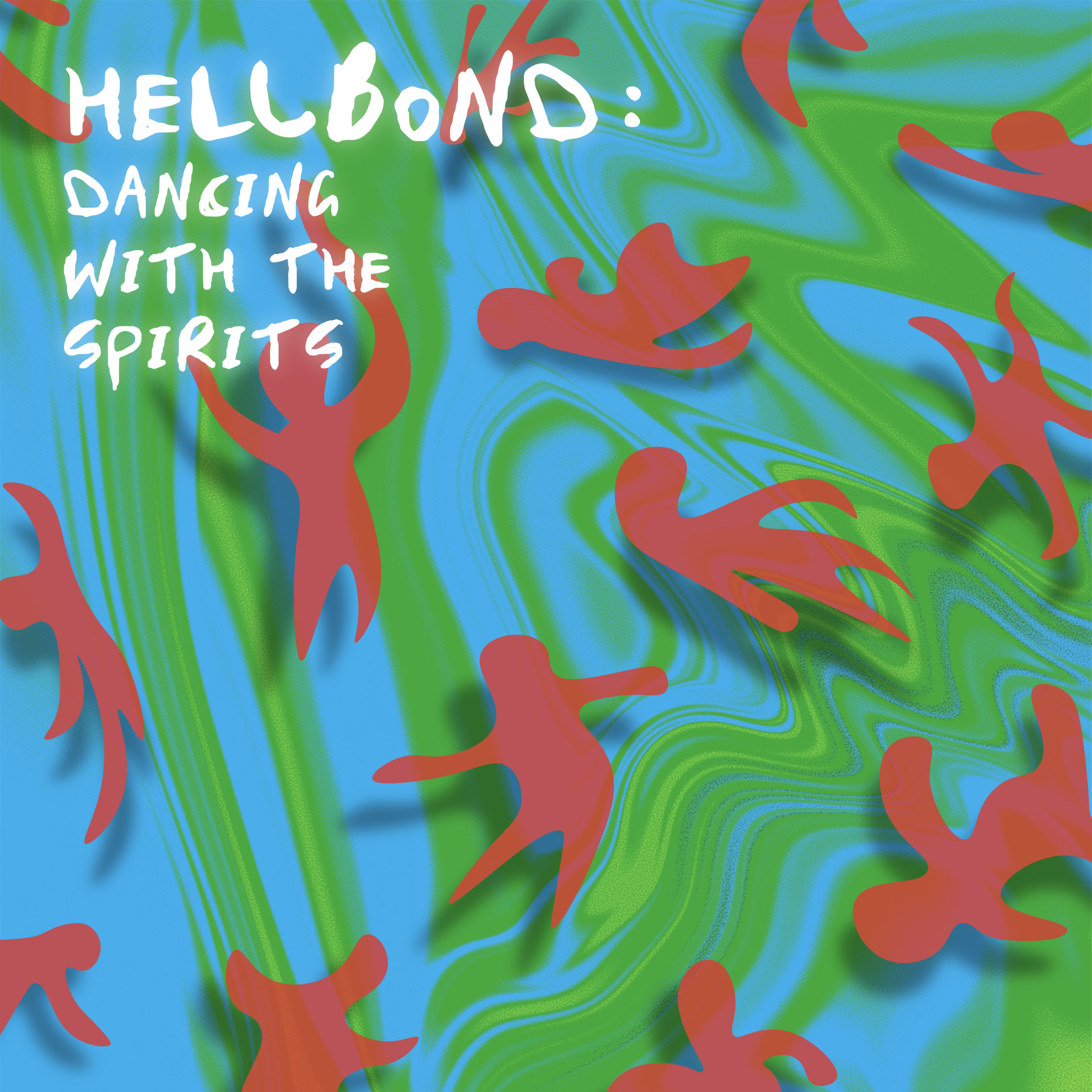 Red silhouettes of bodies fall and sway on top of a blue and green swirled background. Text in white wobbly letters spells, "HellBond: Dancing with the Spirits" in the top left corner.